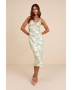 Lulus Mariposa Sage Floral Satin Lace Slip Midi Dress - Natural