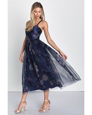 Lulus Elaborate Elegance Floral Print Tulle Pleated Midi Dress - Blue
