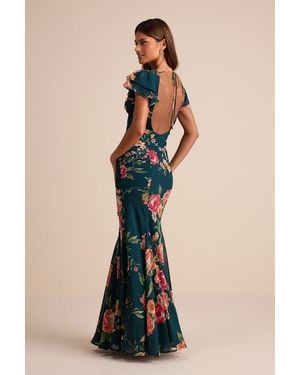 Lulus Resme Emerald Floral Flutter Sleeve Mermaid Maxi Dress - Blue