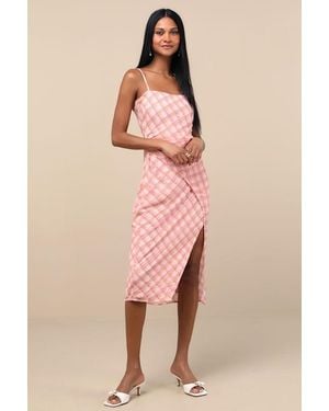 Lulus Jenise Plaid Faux-Wrap Midi Dress - Pink