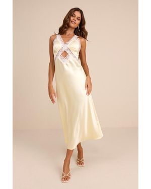 Lulus Camara Pale Satin Lace Slip Midi Dress - Natural