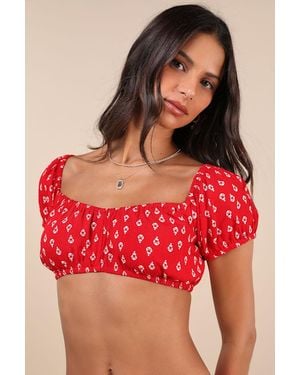 Motel Imuna Anchor Print Off-The-Shoulder Crop Top - Red