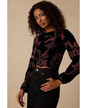 Lulus Romantic Sweetie Floral Burnout Long Sleeve Lace-Up Top - Black