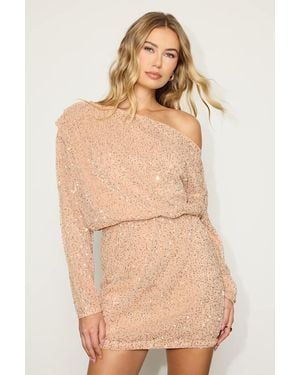 Lulus Mavie Mesh Sequin One-Shoulder Mini Dress - Natural
