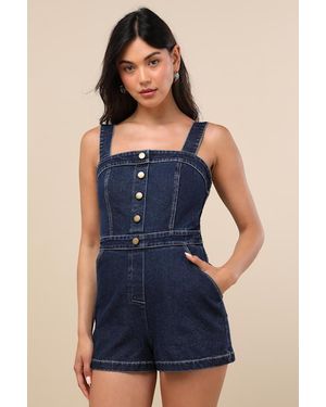 Lulus Thema Dark Wash Denim Button-Front Romper - Blue