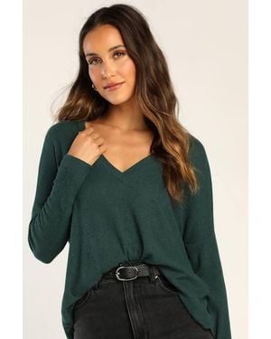 Lulus Just Vibing Hunter Ribbed V-Neck Jumper Top - Green