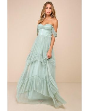 Lulus Stunning Personality Mesh Off-The-Shoulder Maxi Dress - Blue