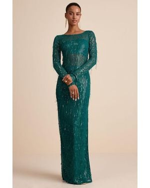 Lulus Sheer Fascination Emerald Sheer Mesh Sequin Fringe Maxi Dress - Green