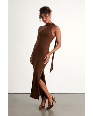 Lulus Venna Heathered One-Shoulder Scarf Maxi Dress - Brown
