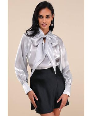 Lulus Notably Luxe Shiny Tie-Neck Top - Metallic