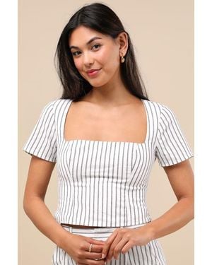 Lulus Danai And Slate Striped Short Sleeve Crop Top - White