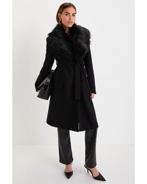Lulus Essential Sophistication Faux Fur Collar Belted Coat - Black