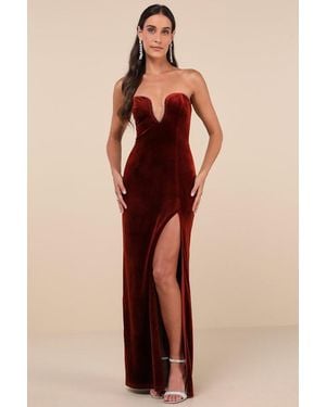 Lulus Elegant Success Rust Velvet Rhinestone Strapless Maxi Dress - Orange