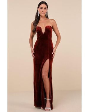 Lulus Elegant Success Rust Velvet Rhinestone Strapless Maxi Dress - Orange
