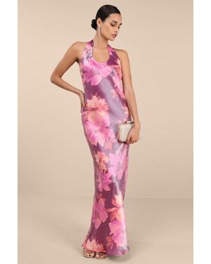 Lulus Lashay And Floral Satin Halter Mermaid Maxi Dress - Pink