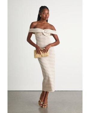 Lulus Baia And Taupe Striped Off-The-Shoulder Midi Dress - White