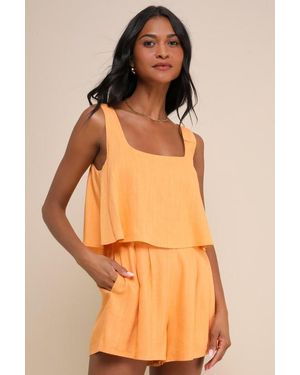 Lulus Effortless Escape Light Linen Sleeveless Flounce Romper - Orange