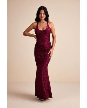 Lulus Renissa Burnout Velvet Backless Mermaid Maxi Dress - Red