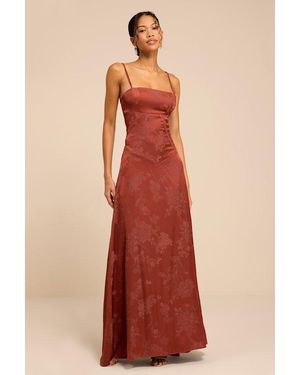 Lulus Elin Rust Floral Jacquard Lace-Up Maxi Dress - Red