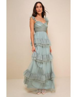 Lulus Pure Radiance Sage Brush Mesh Swiss Dot Tiered Maxi Dress - Green