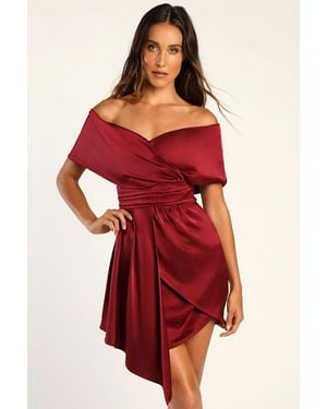 Lulus Always Celebrating Satin Off-The-Shoulder Mini Dress - Red
