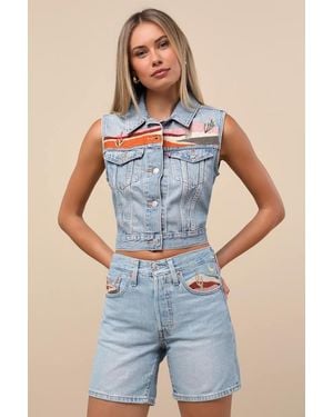Levi's 501 Mid Thigh Light Wash Denim Embroidered Shorts - Blue