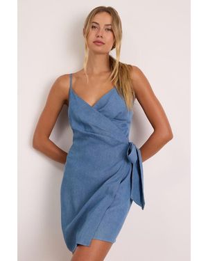 Lulus Neya Chambray Wrap Mini Dress - Blue