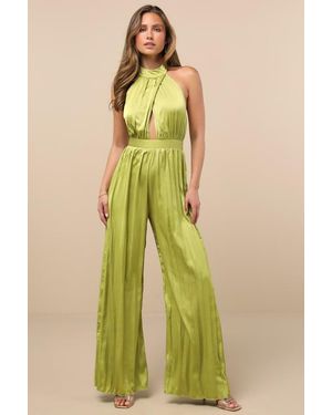 Lulus Confident Impression Lime Satin Pleated Halter Jumpsuit - Yellow
