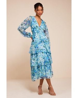 Lulus Macy Multi Floral Tiered Midi Dress - Blue
