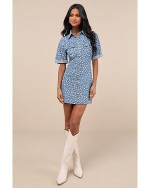 Lulus Renske Light Wash Denim Floral Button-Front Mini Dress - Blue