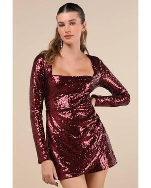 Lulus Marvelously Dazzling Sequin Long Sleeve Skort Romper - Red