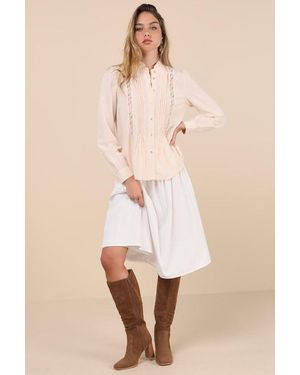 Lulus Composed Crush Cream Pleated Lace Mock Neck Button-Up Top - Natural