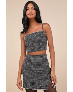 Lulus Charismatically Cute Tweed Rhinestone Sleeveless Crop Top - Blue