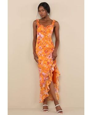 Lulus Lovable Spirit Floral Burnout Ruffled High-Low Maxi Dress - Orange