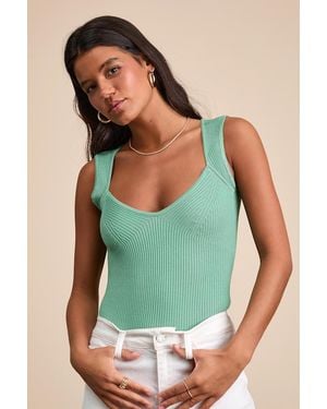 Lulus Sella Ribbed Sleeveless Jumper Knit Bodysuit - Green