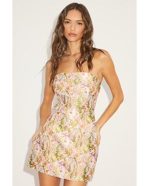 aesthetic pose slate blue and gold jacquard strapless mini dress Lulu's Aesthetic Pose Slate Blue and Gold
