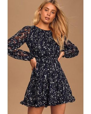 Lulus Too Cute Floral Print Smocked Long Sleeve Mini Dress - Blue