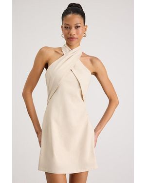 Lulus Alette Light Cross-Front Halter Mini Dress - Natural