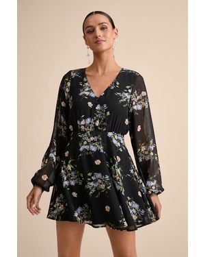 Lulus Always Your Floral Print Long Sleeve Skater Dress - Black