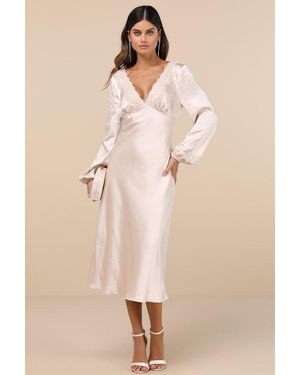 Lulus Illustrious Elegance Satin Long Sleeve Midi Dress - Natural