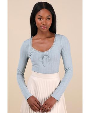 Lulus Celise Pointelle Knit Long Sleeve Top - Blue