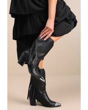 Lulus Toleson Fringe Pointed-Toe Mid-Calf Western Boots - Black