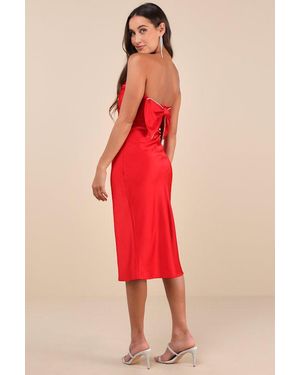Lulus Luxe Crush Satin Rhinestone Bow Strapless Midi Dress - Red