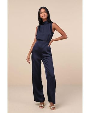 Lulus Classic Elegance Satin Sleeveless Mock Neck Jumpsuit - Blue