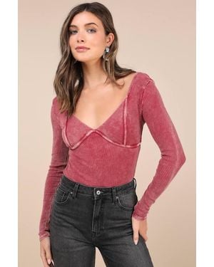 Lulus Trendsetting Confidence Washed Ribbed Long Sleeve Bodysuit - Red
