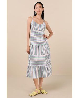 Lulus Journi Multi Striped Tiered Midi Dress - Natural