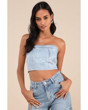 Glamorous Modern Shine Light Wash Metallic Coated Denim Crop Top - Blue