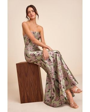 Lulus Gowning Around Sage Floral Jacquard Strapless Maxi Dress - Brown