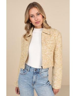 Astr Lindsay Tweed Wool-Blend Collared Cropped Jacket - Yellow