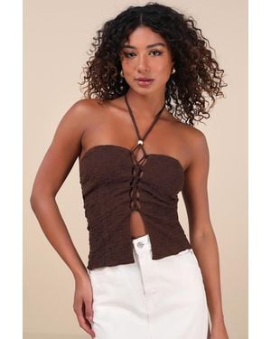 Lulus Kelani Textured Knit Halter Crop Top - Brown